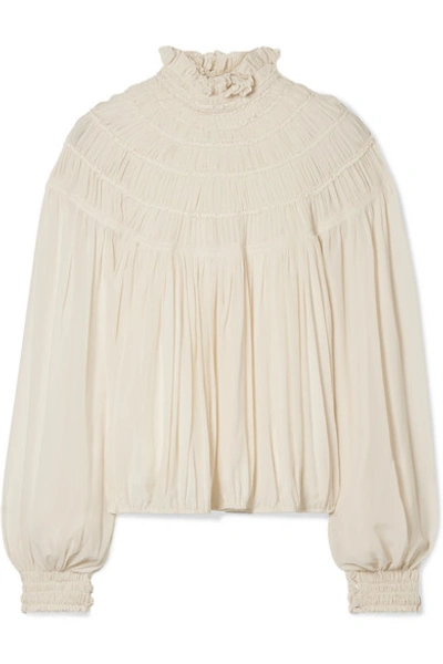 Shop Chloé Ruffled Pleated Silk-crepe Blouse In Cream