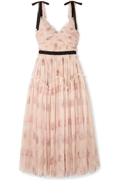 Shop Needle & Thread Think Of Me Embellished Satin-trimmed Floral-print Tulle Midi Dress In Blush