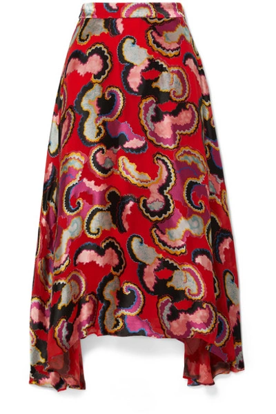 Shop Saloni Judith Appliquéd Printed Satin Midi Skirt In Red
