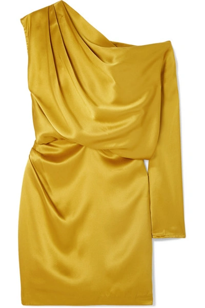 Shop Michelle Mason One-shoulder Draped Silk-satin Mini Dress In Mustard
