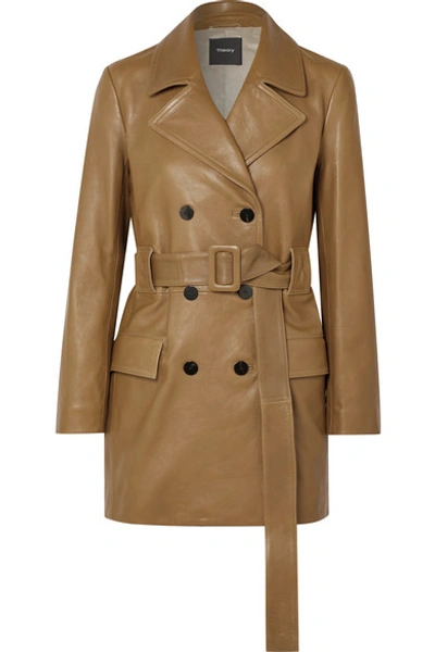 Shop Theory Belted Double-breasted Leather Coat In Tan