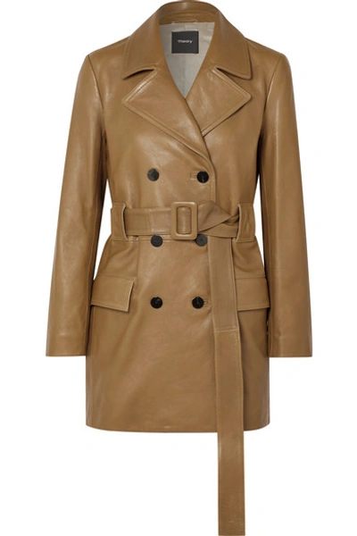 Theory Belted Double-breasted Leather Coat In Tan