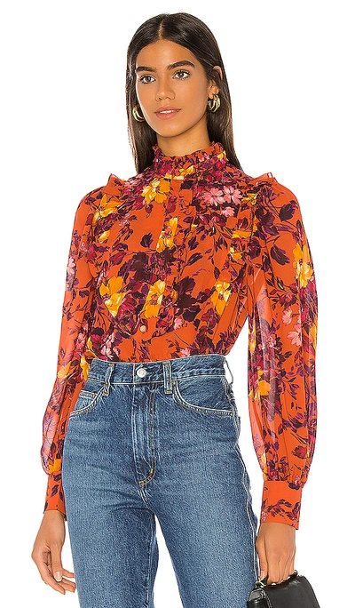 Shop Divine Héritage Bib Front Ruffle Blouse In Rust Vanishing Floral