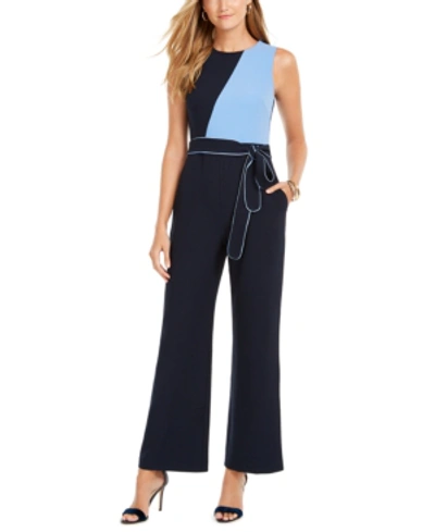 Shop Vince Camuto Sleeveless Colorblocked Jumpsuit In Blue/black