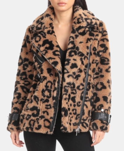 Shop Avec Les Filles Leopard-print Faux-fur Moto Jacket In Camel/beige