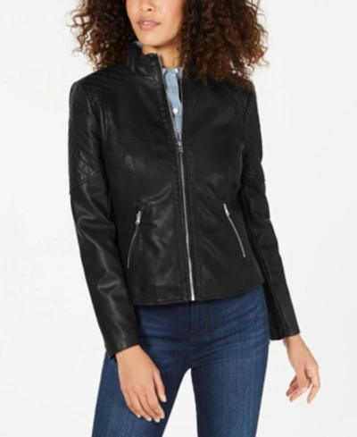 Shop Guess Front Zip Faux-leather Jacket, Created For Macy's In Black
