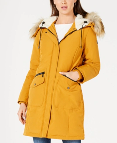 Shop French Connection Hooded Faux-fur-trim Down Parka, Created For Macy's In Dijon Yellow