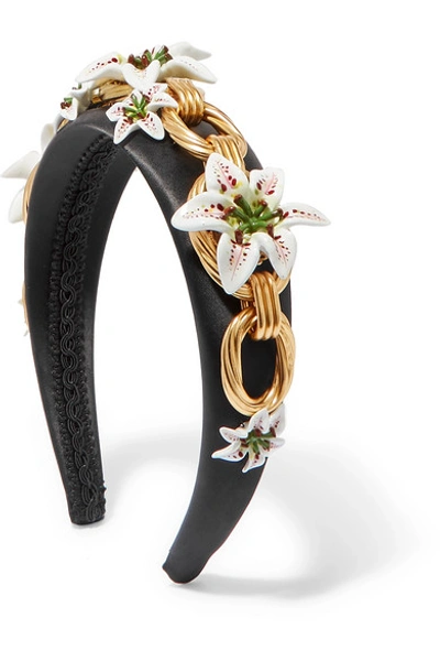 Shop Dolce & Gabbana Lilium Satin, Gold-tone And Resin Headband In Black