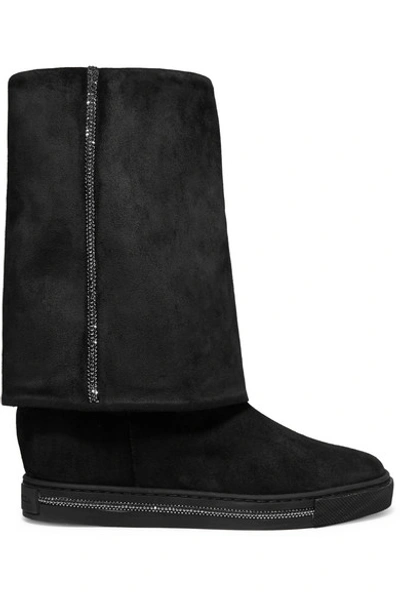 Shop René Caovilla Crystal-embellished Suede Wedge Boots In Black