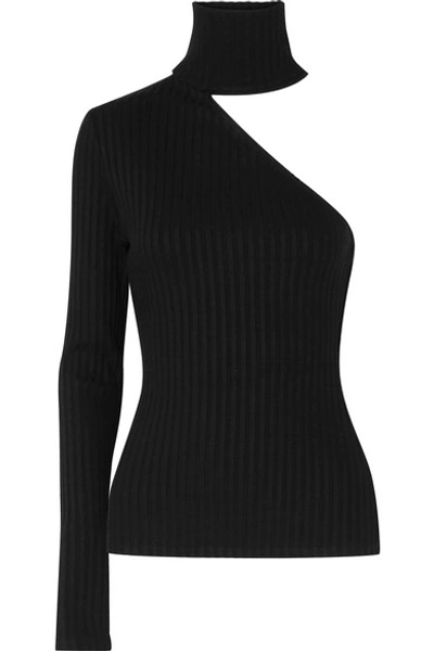 Shop The Range One-shoulder Ribbed Stretch-knit Turtleneck Top In Black