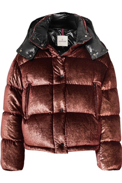 Shop Moncler Hooded Quilted Metallic Velvet Down Jacket In Burgundy