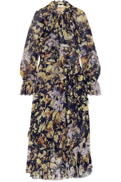 Shop Zimmermann Sabotage Ruffled Floral-print Silk-crepon Midi Dress In Navy