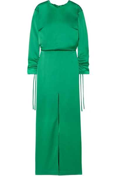 Shop Cedric Charlier Open-back Ruched Satin Gown In Emerald