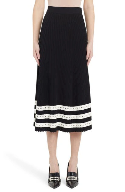 Shop Alexander Mcqueen Contrast Stripe Hem Ribbed Midi Skirt In Black/ Ivory