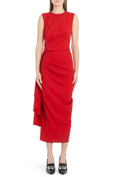 Shop Alexander Mcqueen Gathered Waist Stretch Wool Midi Dress In Lust Red