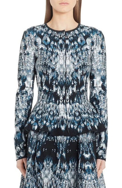 Shop Alexander Mcqueen Crystal Jacquard Peplum Cardigan In Blue/ Black/ Ivory
