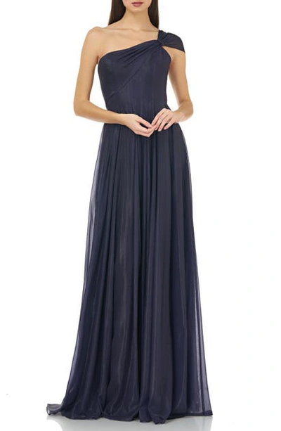 Shop Carmen Marc Valvo Infusion One-shoulder Pleated Gown In Plum