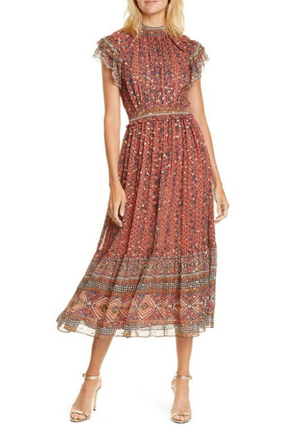 Shop Ulla Johnson Alastair Jacquard Dot Silk Blend Midi Dress In Brick