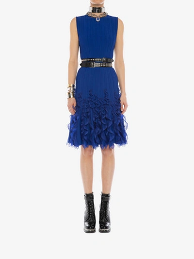 Shop Alexander Mcqueen Ruffle Knit Mini Dress In Worker Blue