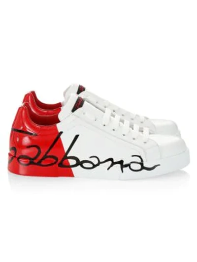 Shop Dolce & Gabbana Portofino Script Leather Trainers In White Red