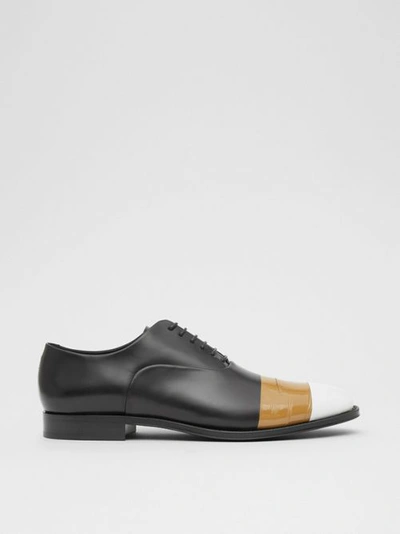 Shop Burberry Tape Detail Leather Oxford Shoes In Black/optic White