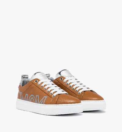 Shop Mcm Men's Low-top Logo Sneakers In Rubberized Leather In Cognac | Cognac And Silver