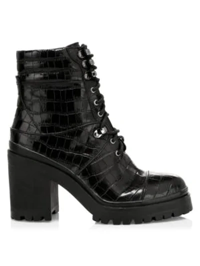 Shop Alice And Olivia Marren Croc-embossed Leather Combat Boots In Black