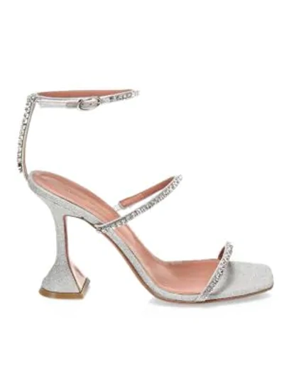 Shop Amina Muaddi Gilda Embellished Glitter Sandals In Silver