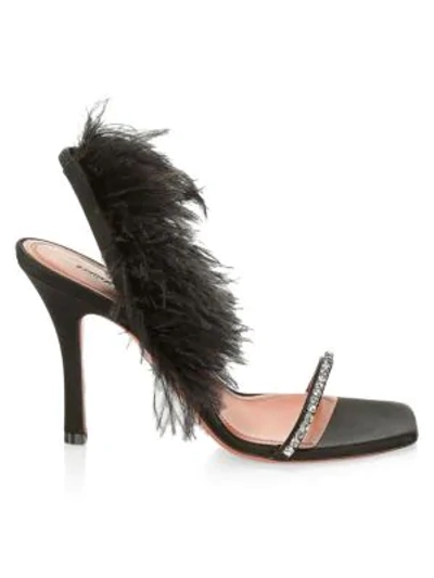 Shop Amina Muaddi Women's Adowa Feather- & Crystal-embellished Satin Slingback Sandals In Black