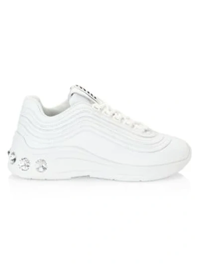 Shop Miu Miu Silver Miu Jewelled Chunky Leather Sneakers In Bianco