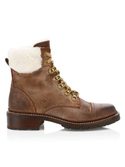 Shop Frye Samantha Shearling Leather Hiking Boots In Chocolate