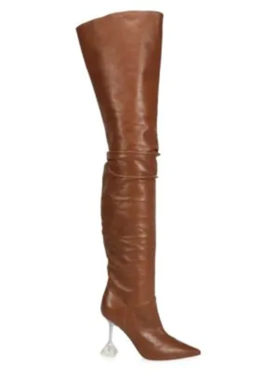 Shop Amina Muaddi Olivia Thigh-high Pvc Block-heel Leather Boots In Tan