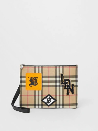 Shop Burberry Logo Graphic Vintage Check E-canvas Zip Pouch In Archive Beige