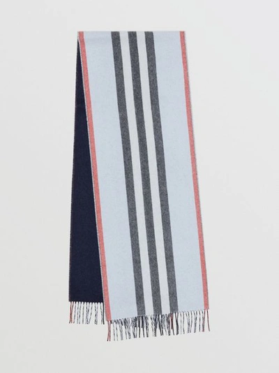 Shop Burberry Reversible Icon Stripe Cashmere Scarf In Pale Blue