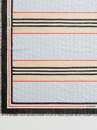 Shop Burberry Icon Stripe Monogram Print Wool Silk Square Large Scarf In Light Blue