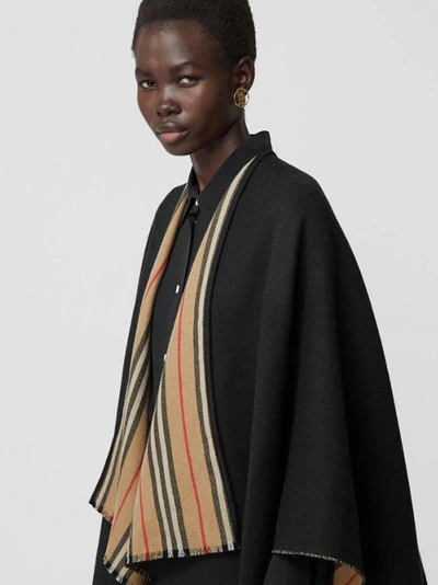 Burberry Icon Stripe Wool Cape Black Scarves | ModeSens