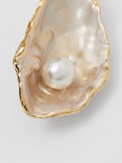 Shop Burberry Resin Pearl Detail Gold-plated Oyster Brooch In Light Gold/pearl