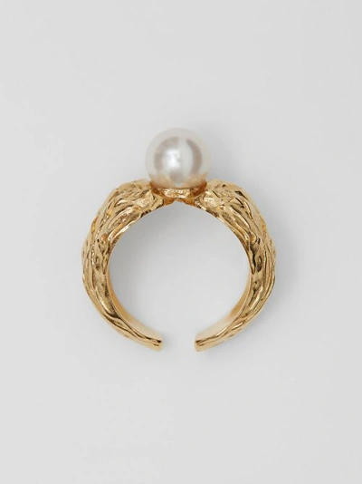 Shop Burberry Gold-plated Resin Pearl Ring In Light Gold/pearl