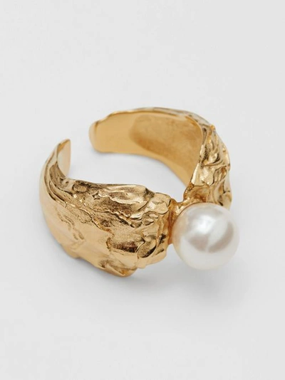 Shop Burberry Gold-plated Resin Pearl Ring In Light Gold/pearl