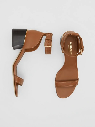 Shop Burberry Gold-plated Detail Leather Block-heel Sandals In Tan