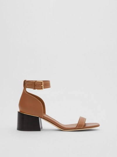 Shop Burberry Gold-plated Detail Leather Block-heel Sandals In Tan