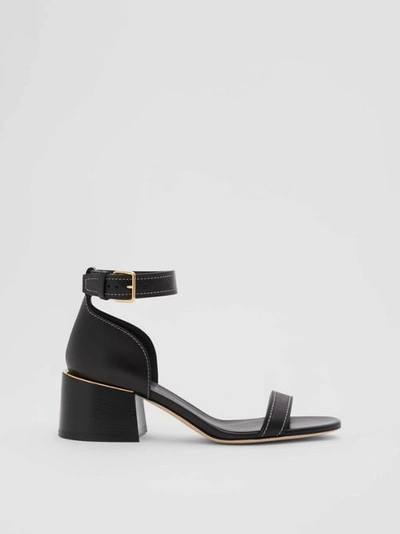 Shop Burberry Gold-plated Detail Leather Block-heel Sandals In Black