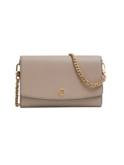 Shop Tory Burch Women's Robinson Leather Wallet-on-chain In Gray Heron