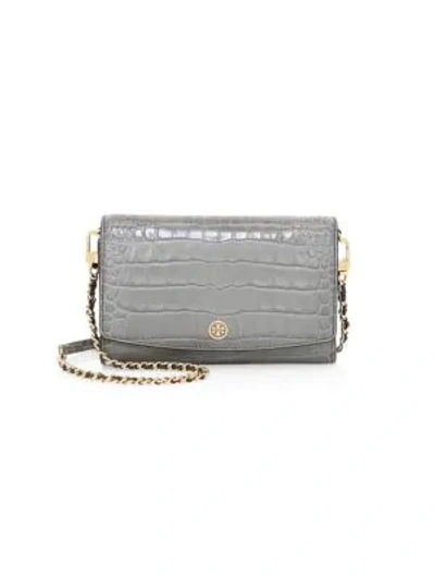 Shop Tory Burch Robinson Croc-embossed Leather Wallet-on-chain In Zinc