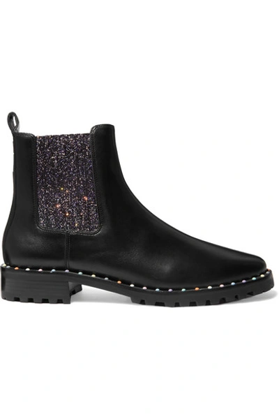 Shop Sophia Webster Bessie Studded Leather And Glittered Stretch-knit Chelsea Boots In Black