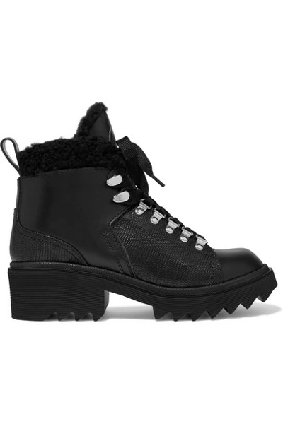 Shop Chloé Bella Shearling-lined Smooth And Lizard-effect Leather Ankle Boots In Black