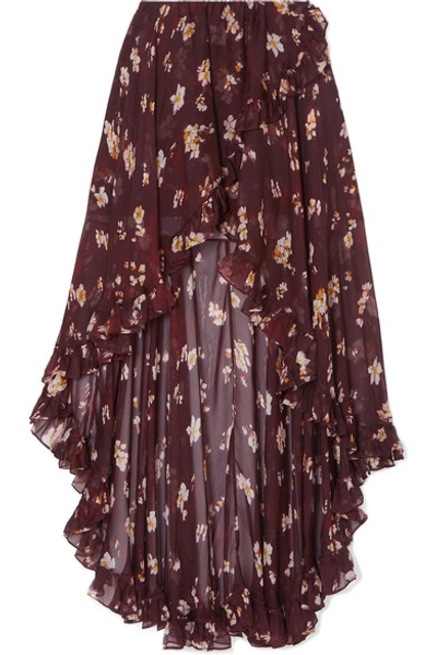 Shop Caroline Constas Adelle Asymmetric Floral-print Silk-chiffon Skirt In Burgundy