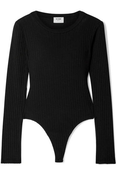 Shop Re/done Ribbed Cotton-jersey Thong Bodysuit In Black