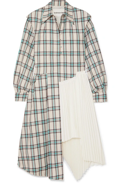 Shop Andersson Bell Olivia Asymmetric Paneled Checked Twill And Pleated Crepe Dress In White