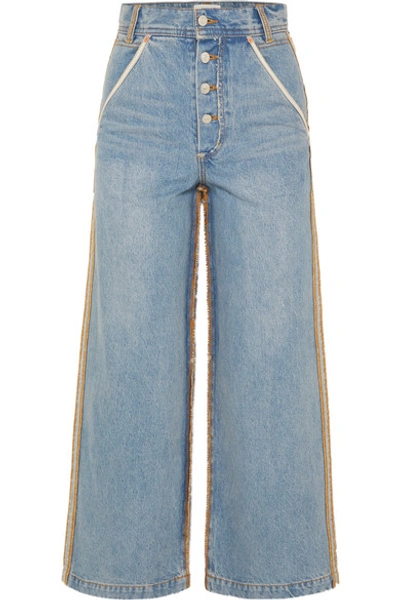 Shop Andersson Bell Distressed High-rise Wide-leg Jeans In Mid Denim